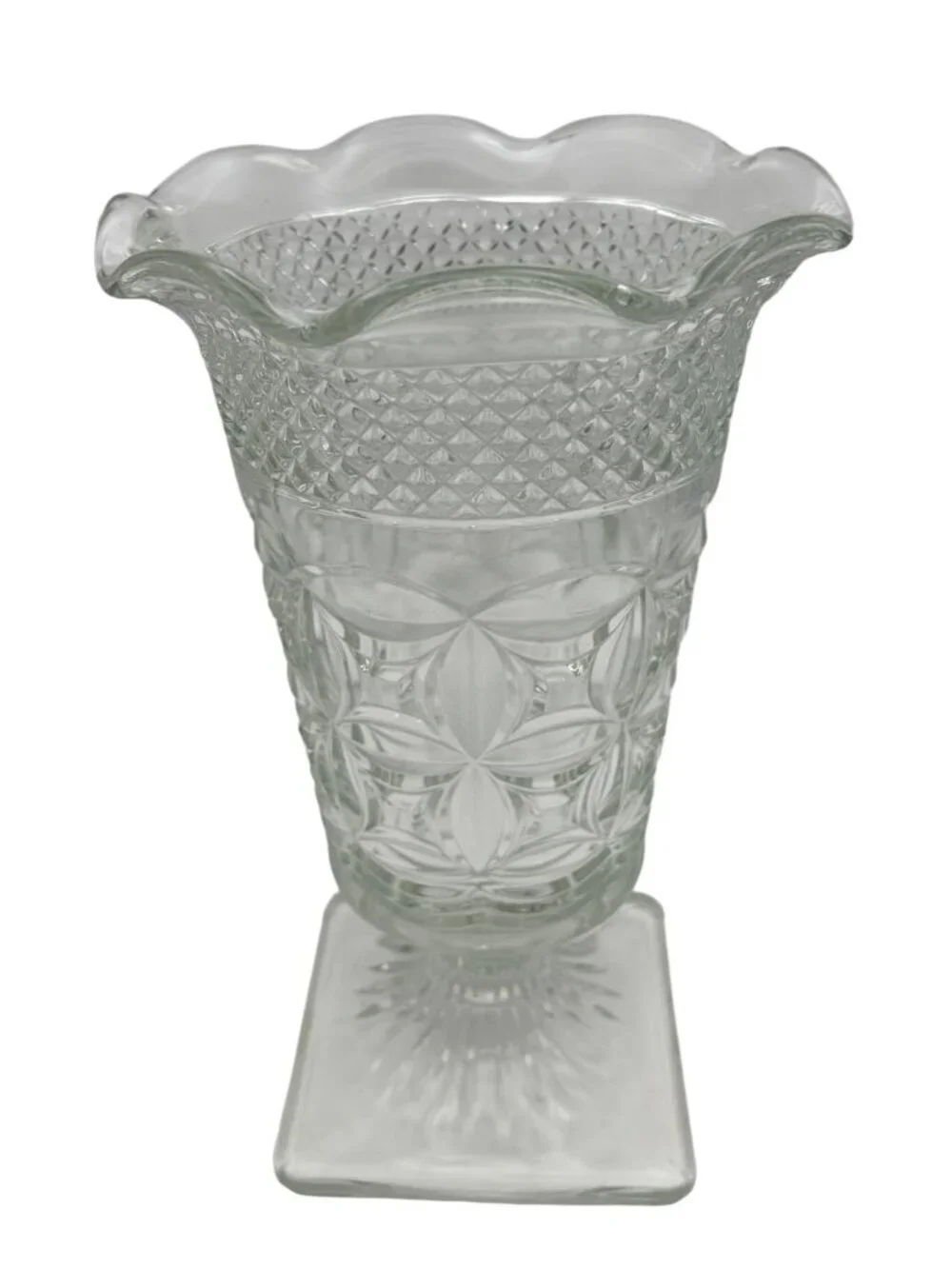 VTG Pressed Glass Pedestal Bristol Smith Glass Vase Scallop Rim Floral Pattern